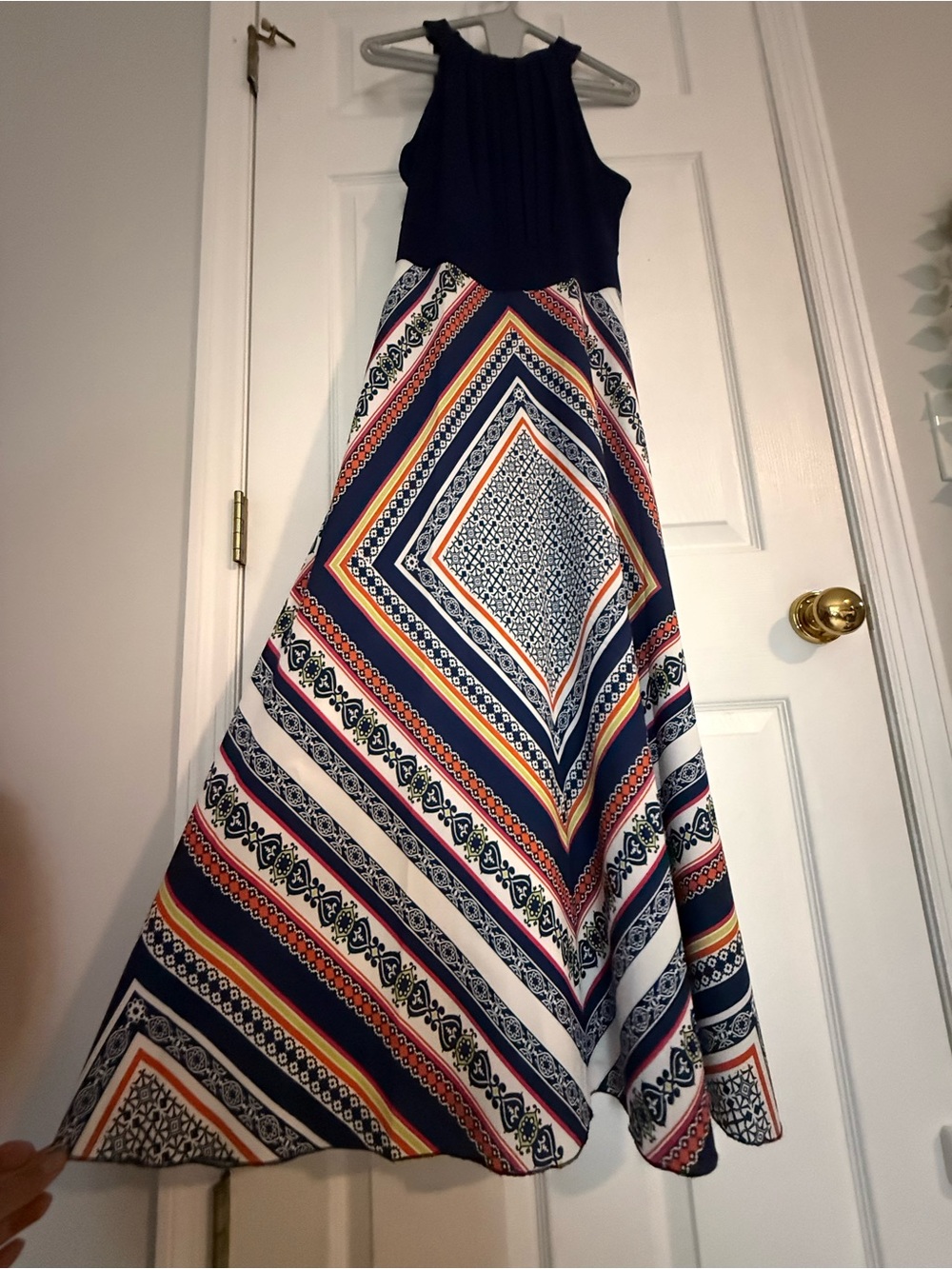 Navy Halter Maxi Dress with Multi-Color Geometric Skirt